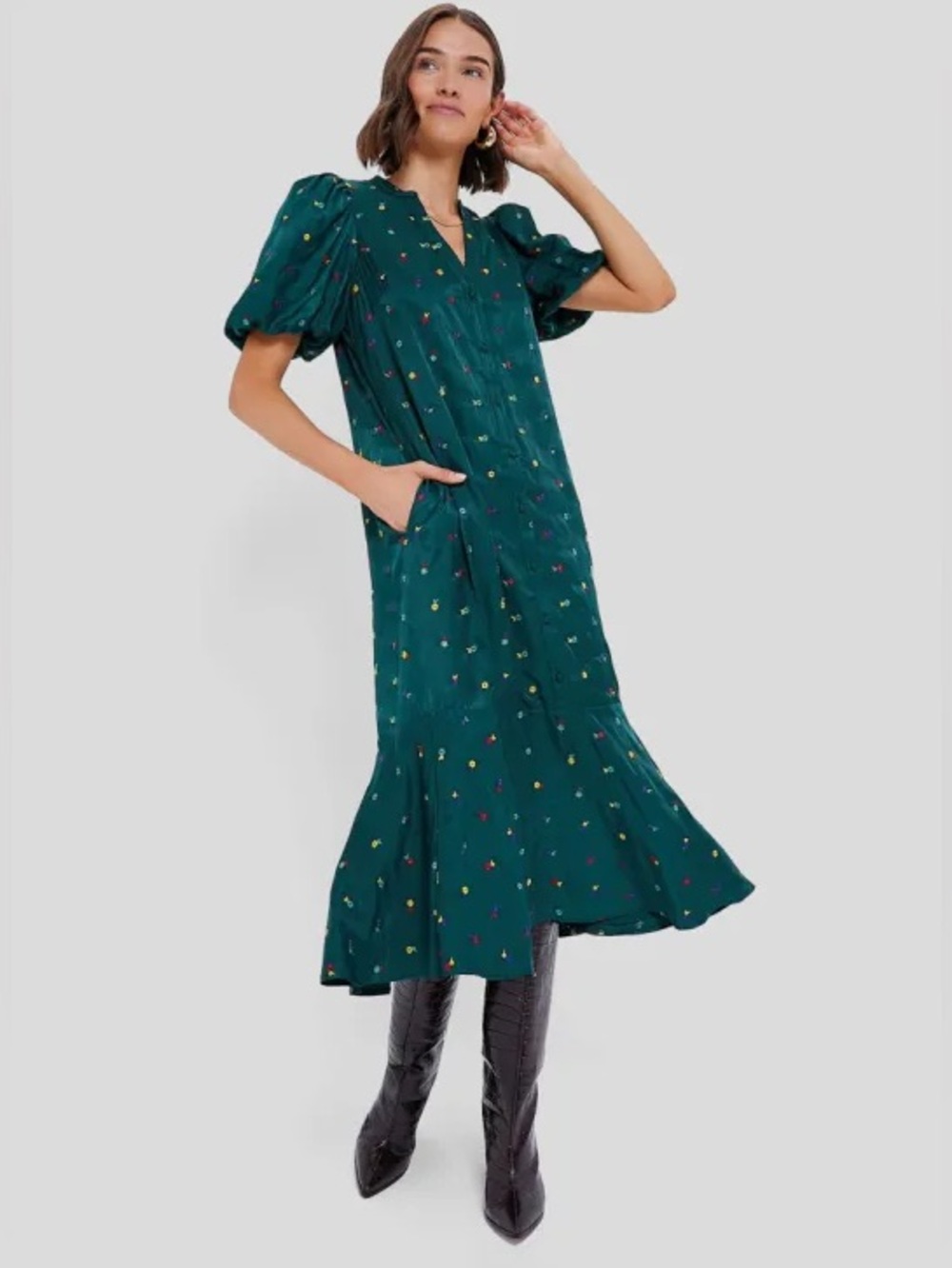 Tuckernuck Molly Midi Dress Green Embroidered Floral Women's Large